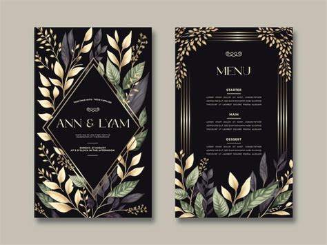 Premium Vector Elegant Wedding Invitation And Menu Template With Leaves