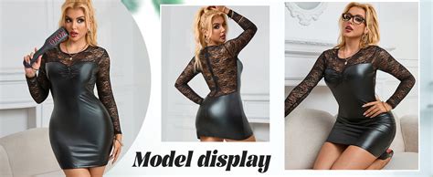 Ohmydear Black Mini Dress Bodycon Leather Lace Long Sleeve Lingerie