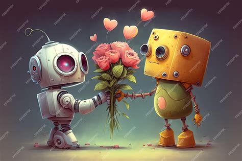 Premium Photo Cute Robot Surprises Friend With Bouquet Of Flowers