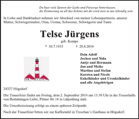 Traueranzeigen Von Telse J Rgens Trauer Anzeigen De