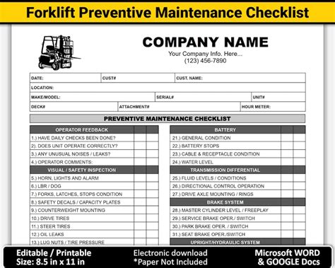 Electric Forklift Preventive Maintenance Checklist Printable Forklift Repair Service Inspection