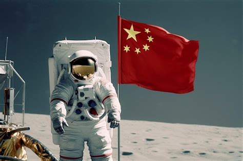 Premium Ai Image Chinese Astronaut Moon With Flag