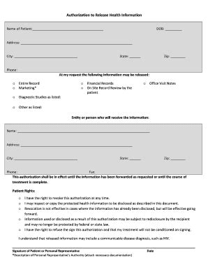 Fillable Online Authorization To Release Health Information Name Of