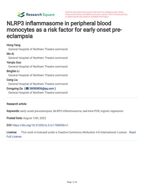 Pdf Nlrp Inflammasome In Peripheral Blood Monocytes As A Risk Factor