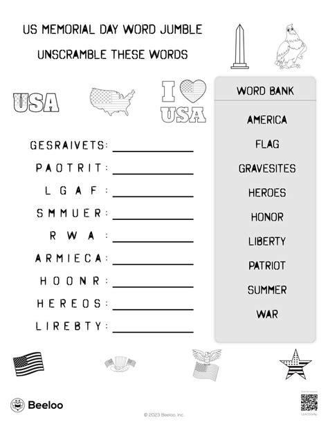 Us Memorial Day Word Jumble Beeloo Printable Crafts And Activities