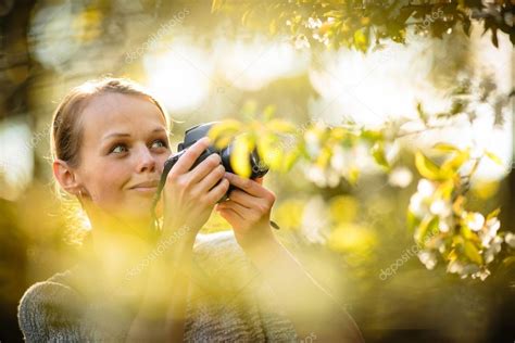 Pretty Female Amateur Photographer Taking Photos Stock Photo Lightpoet
