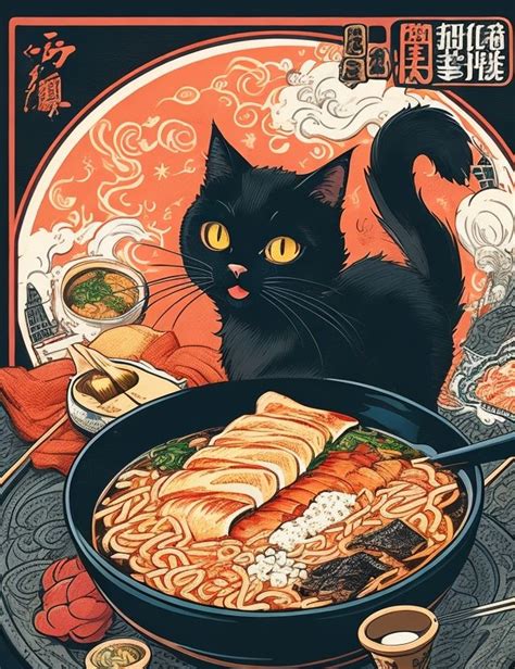 Cute Black Cat Eating Ramen Cat Illustration White Cat Orange Cat