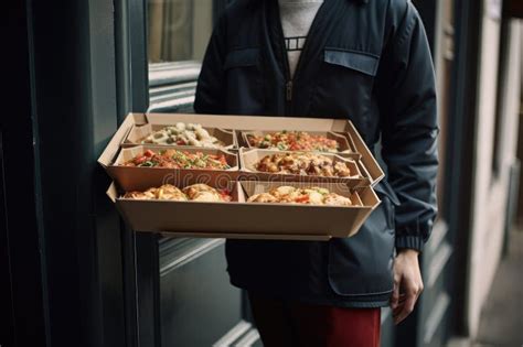 Food Delivery Person Carrying Hot And Steamy Tray Of Food To Customers X Doors Stock