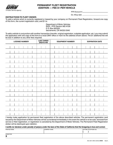 CA DMV Form MC 495 P. Permanent Fleet Registration Addition/Deletion ...