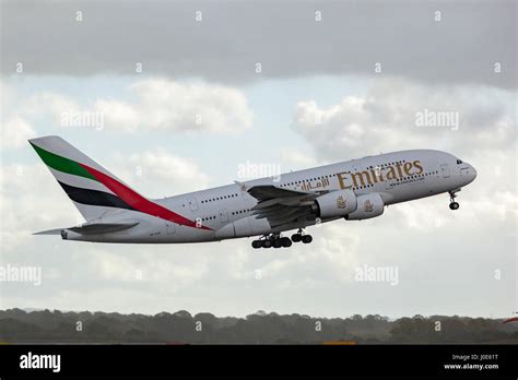 Emirates Airbus A380-800 taking off. In flight Stock Photo - Alamy