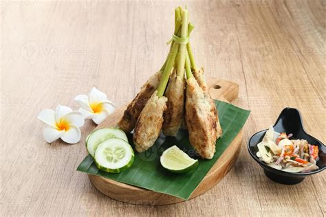 Sate Lilit Traditional Balinese Minced Chicken Satay With Lemongrass As Skewer Served With