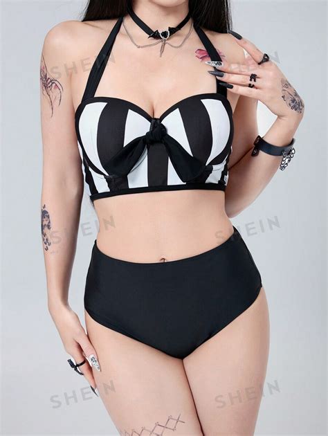 Romwe Goth Women S Striped Front Knot Halter Neck Two Piece Bikini Set Sexy And Modern Shein Eur