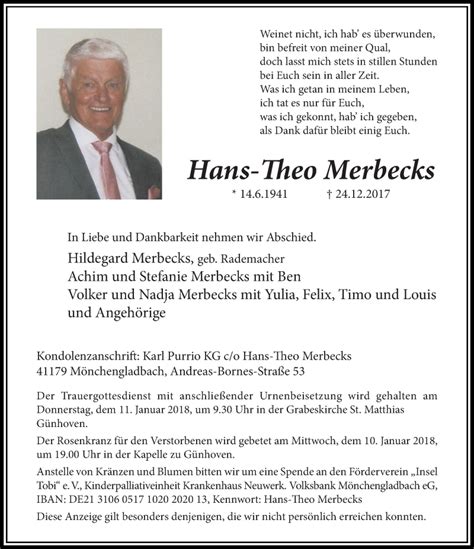 Traueranzeigen Von Hans Theo Merbecks Trauer Und Gedenken