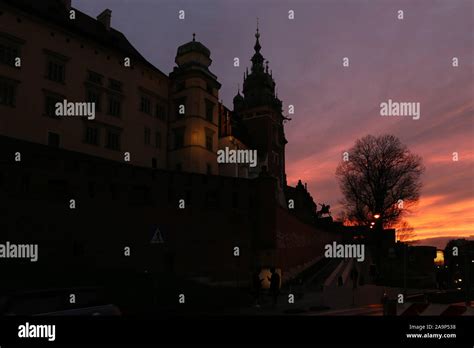 Cracow Krakow Poland Royal Castle On Wawel Hill Skyline Against