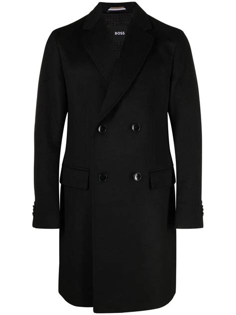 Boss By Hugo Boss Double Breasted Virgin Wool Cashmere Coat In Black