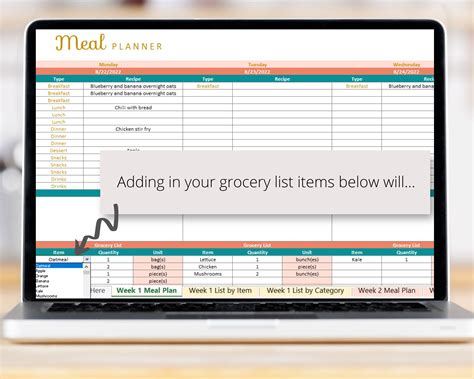 Weekly Meal Planner Excel Spreadsheet Template With Editable Snacks, Recipes & Printable Grocery ...