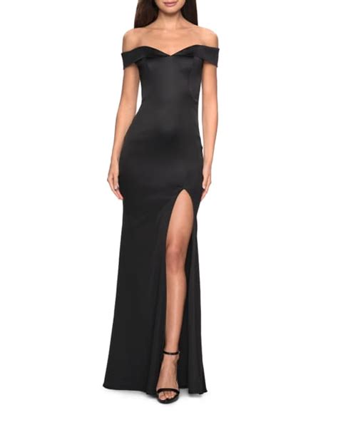 La Femme Off The Shoulder Stretch Satin Gown With Thigh Slit Neiman