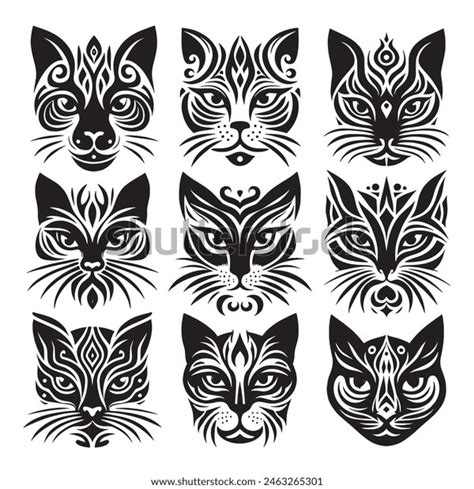 Cat Face Set Silhouette Tribal Tattoo Stock Vector (Royalty Free ...