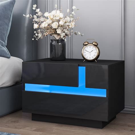 Hommpa Compact Simple Furniture Modern Led Nightstand With 2 Drawers Black Bedroom Side Table