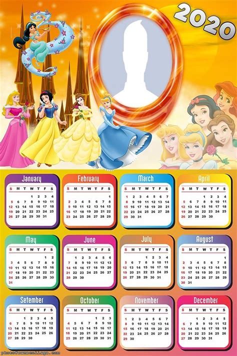 Disney Princesses Cartoon 2020 Monthly Calendar Frame Design Free