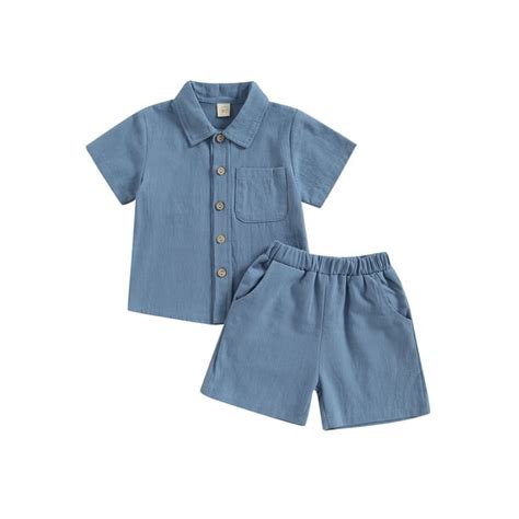 Toddler Boys Cotton Linen Shorts Outfits Button Up Short Sleeve Shirts