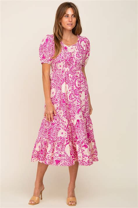 Magenta Floral Tiered Midi Dress Pinkblush