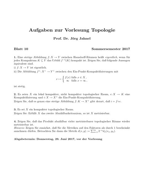 Aufgaben Zur Vorlesung Topologie