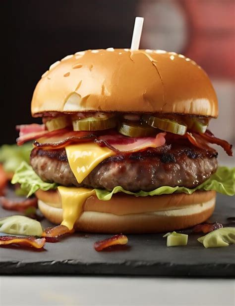 Premium Photo | A cheeseburger with bacon lettuce and pickles ...