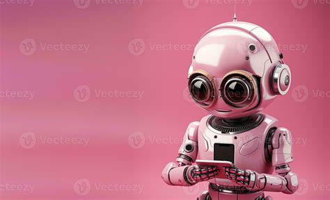 AI generated Cute cartoon robot with phone isolated on pink background. AI chat bot based on ...