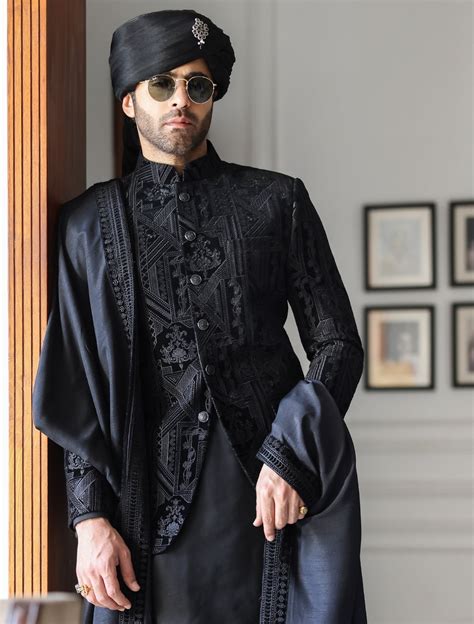 Black Velvet Heavy Embroidered Prince Coat S Ismail Farid Pakistan