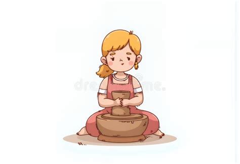 Adorable Blonde Chibi Character Engaged In Pottery A Delicate Korean Style D Vector