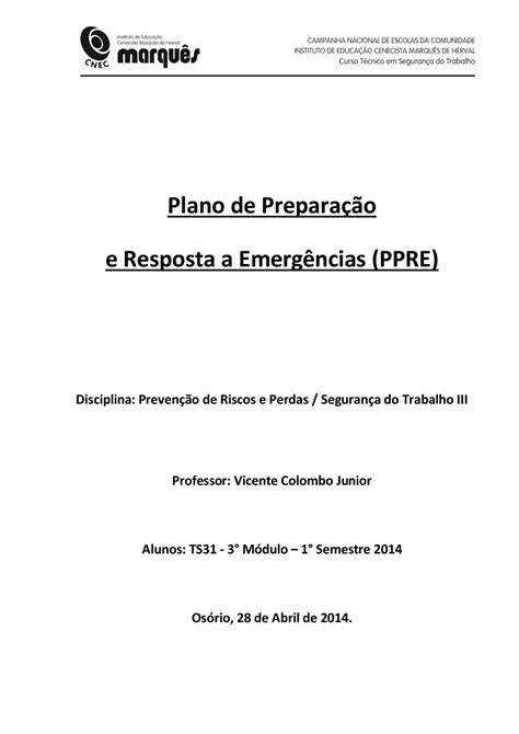 Plano De Preparação E Resposta A Emergências Plano De Preparação E