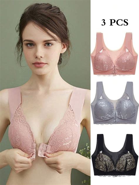 3pcsset Lace Splicing Front Buckle Closure Wireless Push Up Bra With Anti Sagging Function