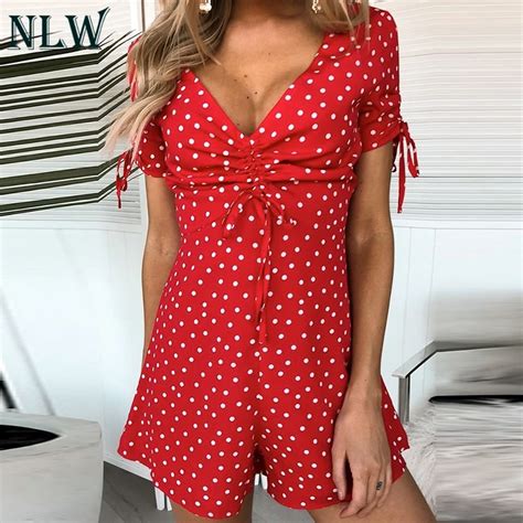 Nlw Red Polka Dot Summer Women Playsuit Lace Up Short Casual Playsuit