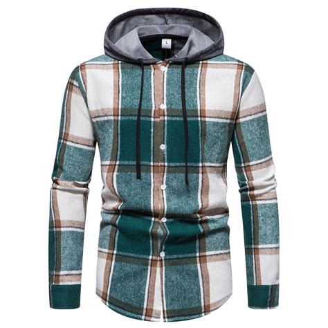 Zrbywb Mens Shirts Male Fashion Retro Fall Winter Hooded Shirt Colorblocking Drawstring Cardigan