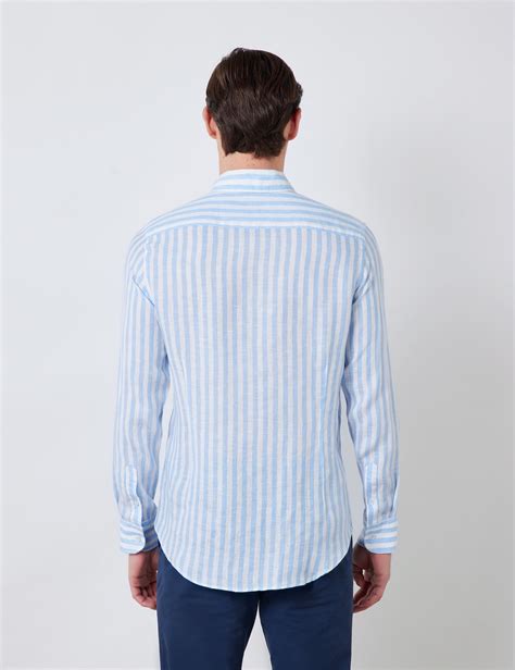 Linen Stripe Relaxed Slim Fit Shirt With Button Down Collar And Single