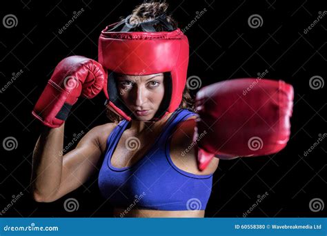 Portrait Of Female Boxer With Gloves And Headgear Stock Photo Image