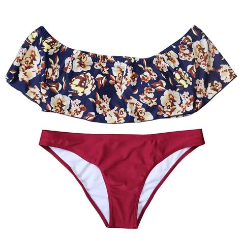 Sexy Off Shoulder Bandeau Bikinis Women Swimsuit Push Up Print Flower