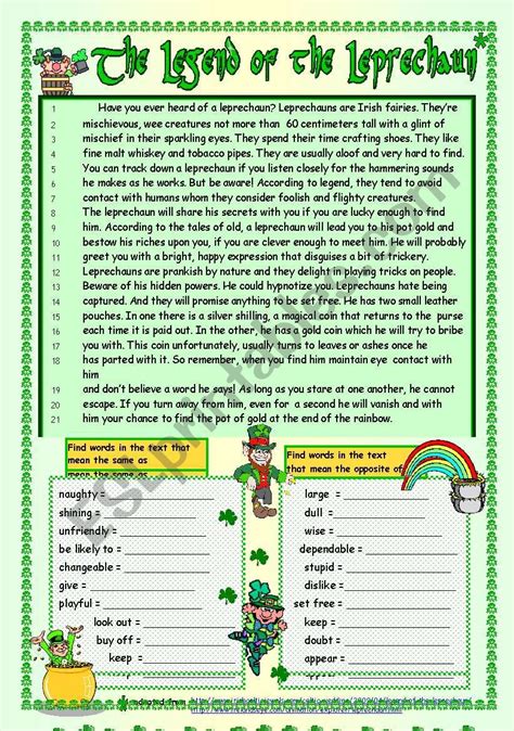 The Legend Of The Leprechaun Bw Key Included Esl Worksheet By