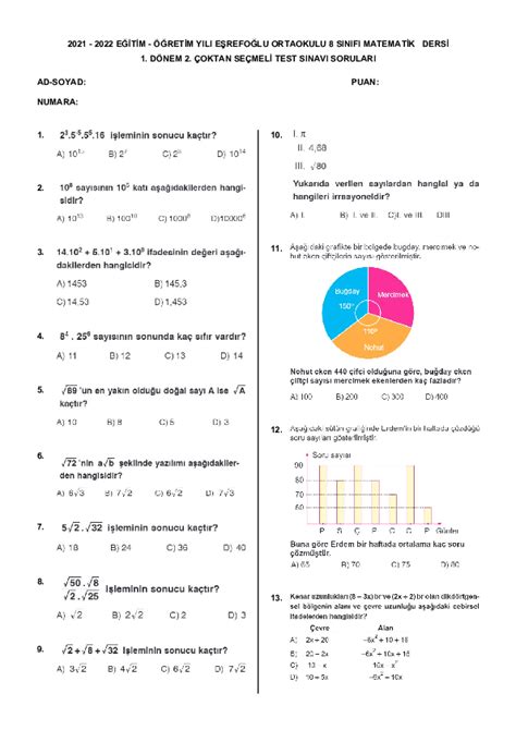 8 Sınıf Matematik 8 SINIF MATEMATİK DERSİ YAZILI KOLAY Yazılı Örneği