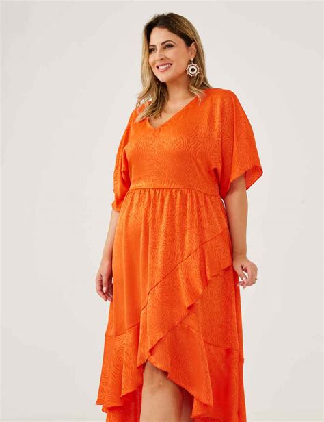 Vestido Midi Cetim Jaquard Laranja Dona Charme