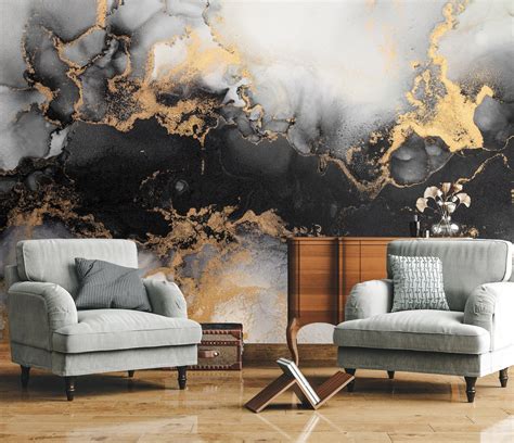 Modern Black Marble Wallpaper Luxury Gold Lines Mural - Etsy