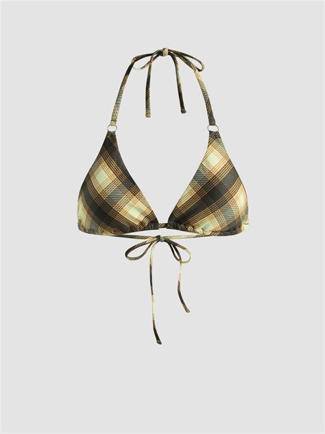 Halter Check Triangle Bikini Top Cider