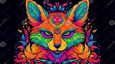 Psychedelic Trippy Fox Cartoon 70s Rave Style Acid Color Retrowave