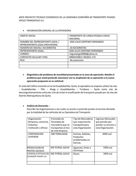 Ante Proyecto T Cnico Econ Mico Transapolo S A Ante Proyecto T