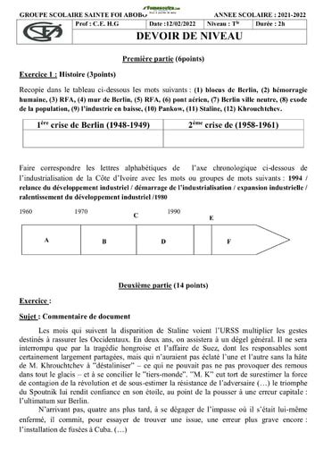 Devoir Histoire Géographie Tle D 2021 2022