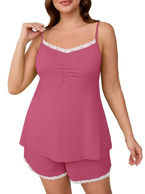SHOWMALL Women Plus Loungewear Cami Shorts Sets Pajamas Mauve 5X Nightwear Sexy Lace Lingerie