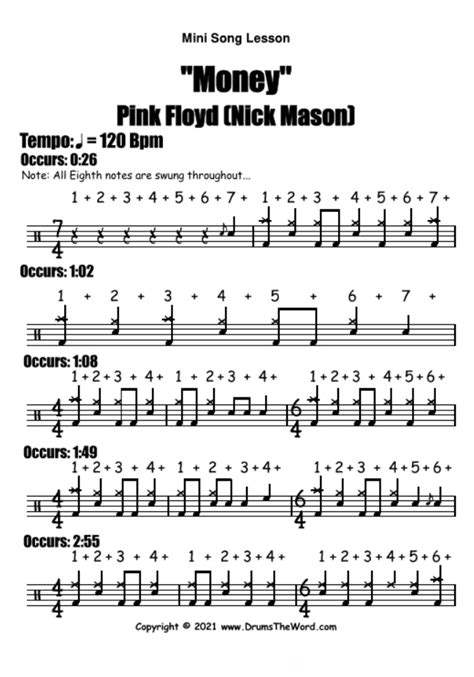 Drum Sheet Music From A Free Drum Lesson Teaching Money By Pink Floyd