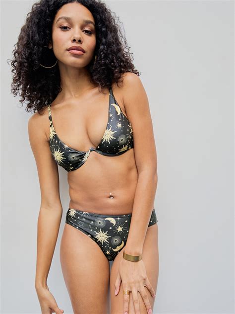 V Neck Star Moon Pattern Underwire Cheeky Bikini Set Cider