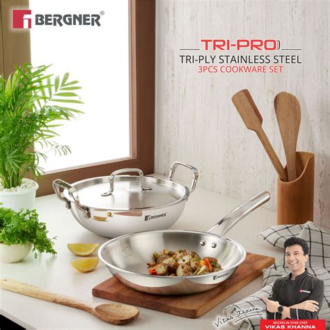 Bergner Tripro Triply Stainless Steel Pc Cookware Set Cm Kadai With